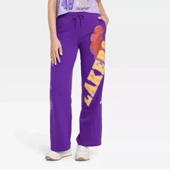 NBA LA Lakers Sweatpants Womens Size Small S Purple Wide Leg Graphic‎ Drawstring - Picture 1 of 12